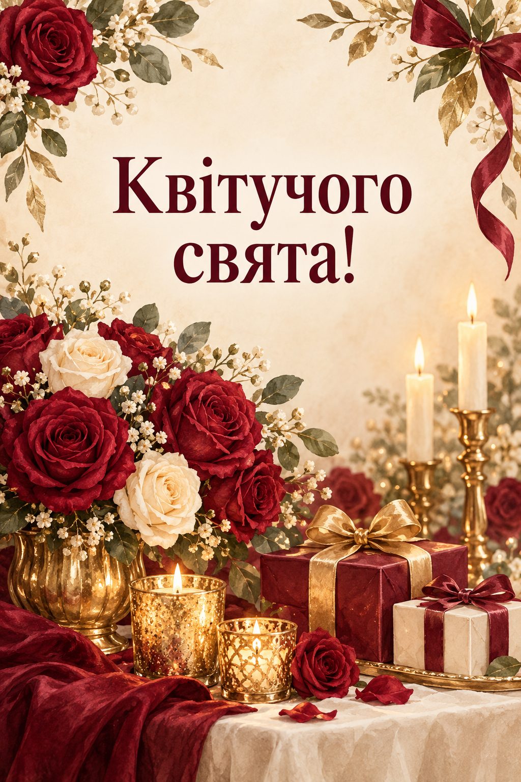 Листівка з днем народження з квітами: троянди, свічки й подарунки на святковому столі, напис «Квітучого свята!»