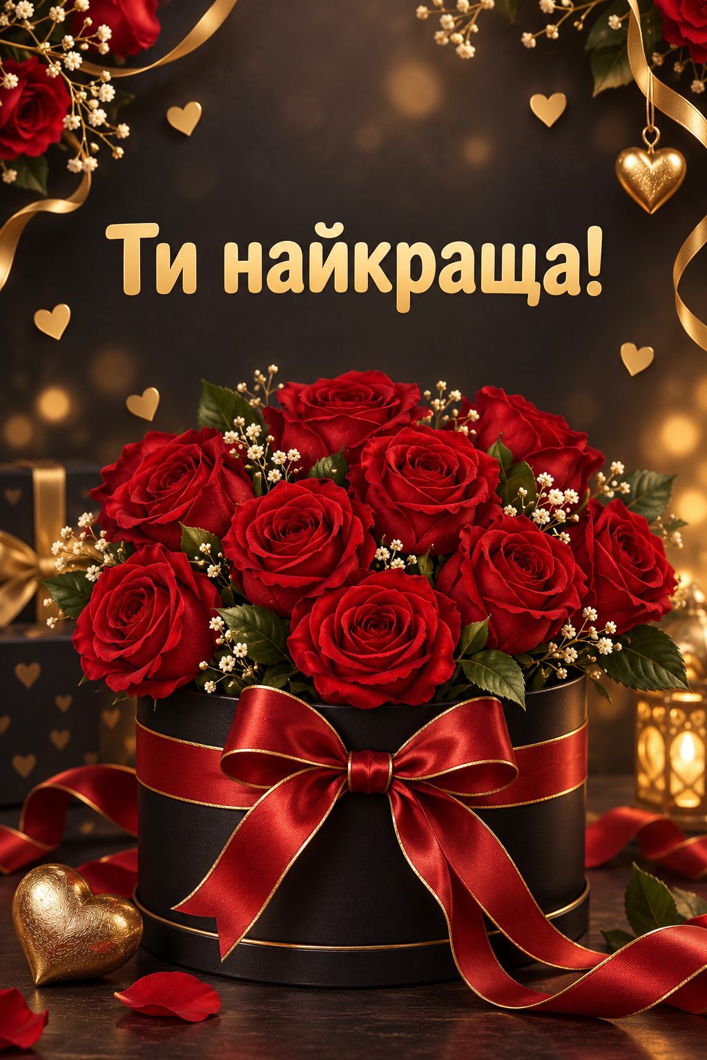 Листівка з днем народження з квітами: червоні троянди в круглій коробці з бантом, напис «Ти найкраща!»