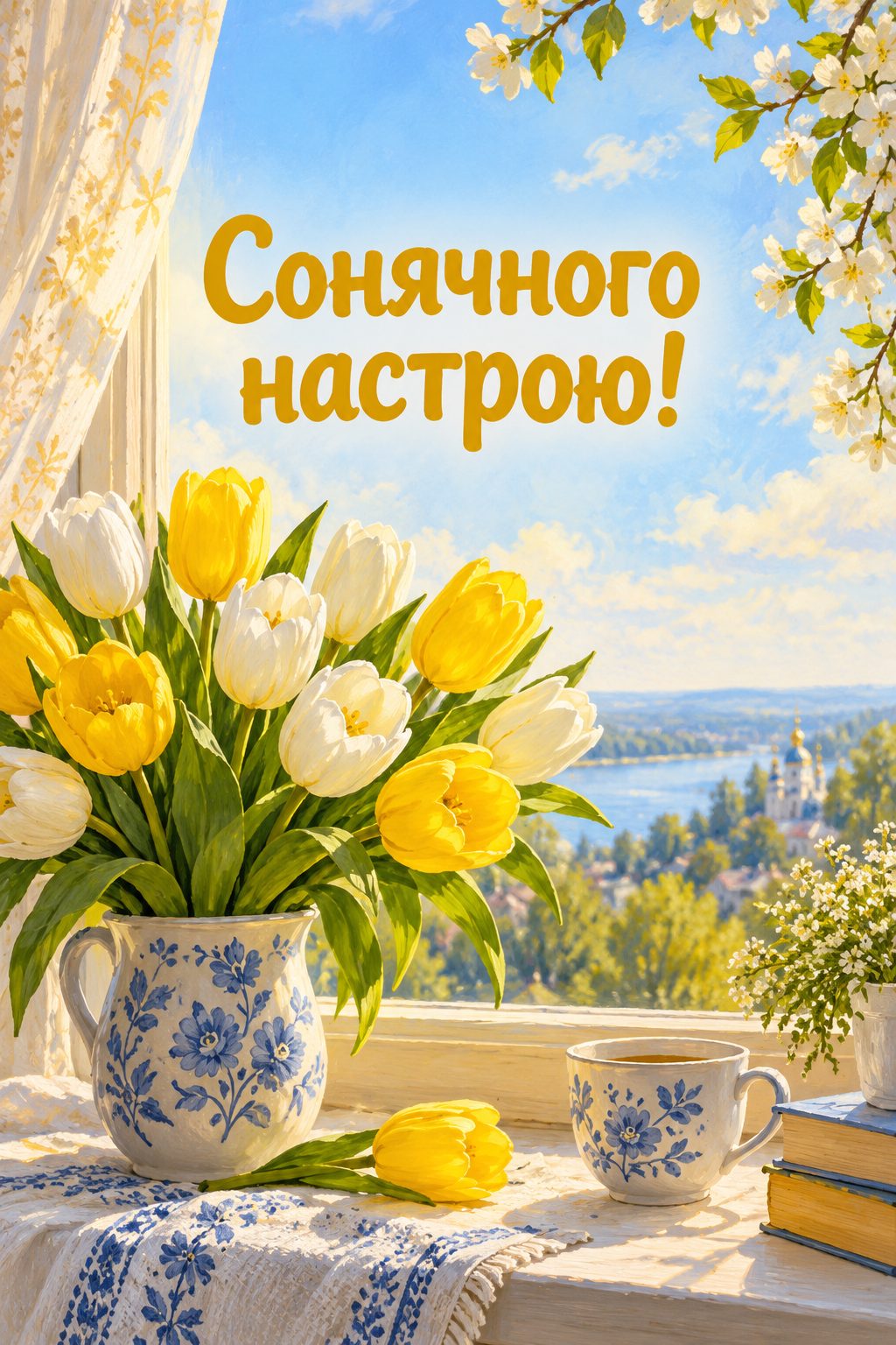 Листівка з днем народження з квітами: жовті й білі тюльпани на підвіконні в ранковому сонці, напис «Сонячного настрою!»