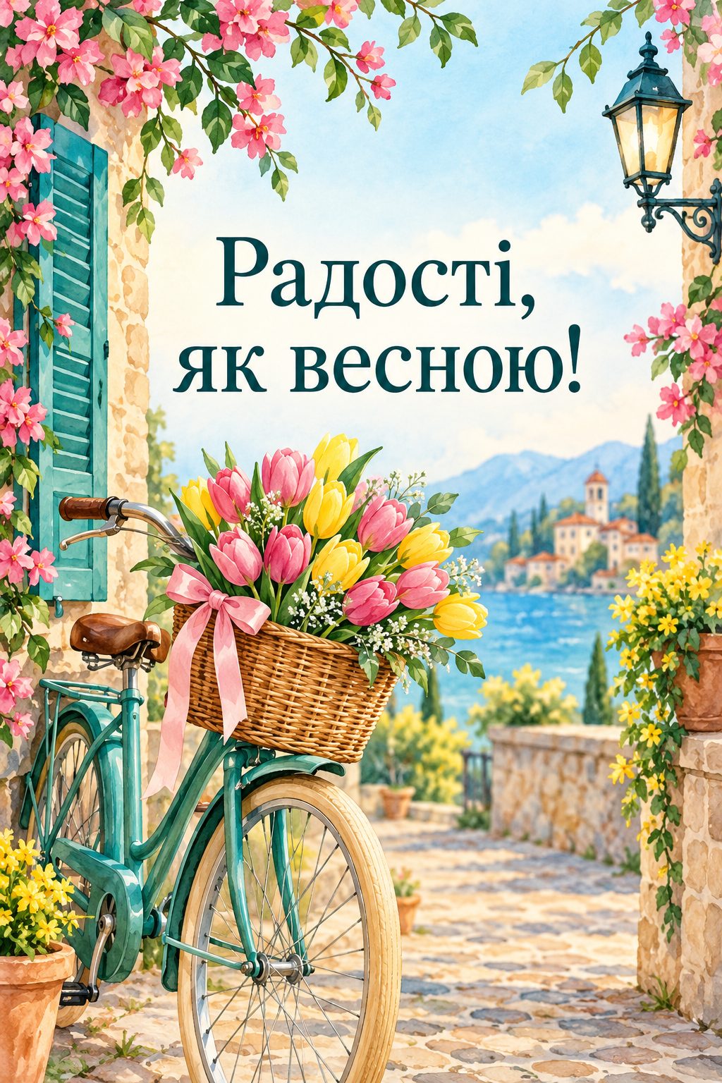 Листівка з днем народження з квітами: старовинний велосипед із кошиком тюльпанів, напис «Радості, як весною!»