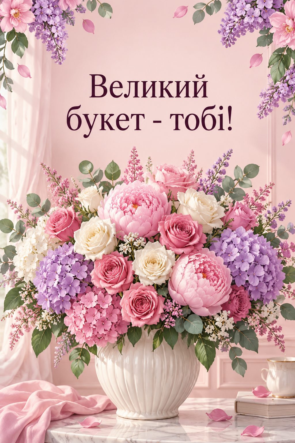 Листівка з днем народження з квітами: величезний букет троянд, півоній і гортензій, напис «Великий букет - тобі!»