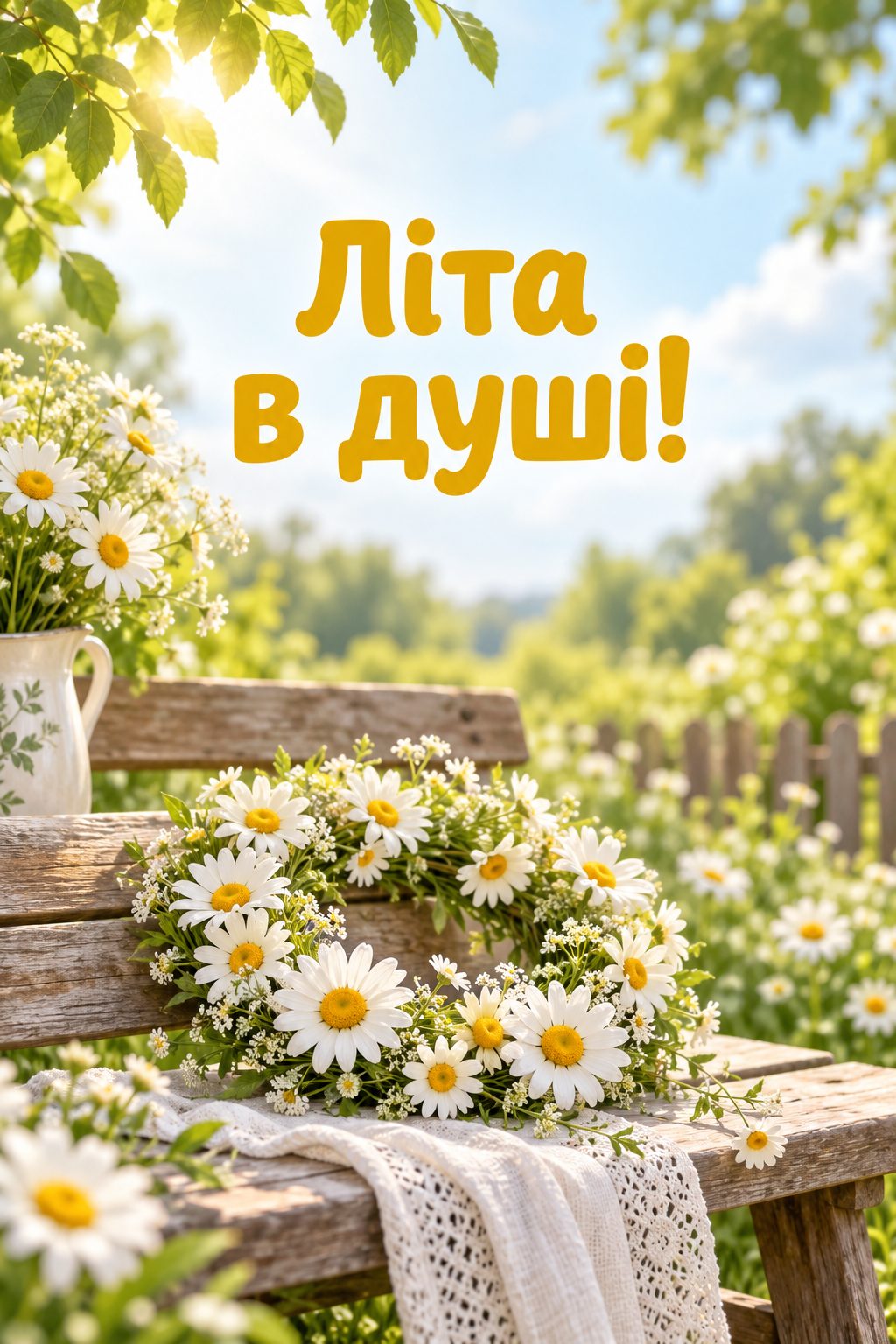 Листівка з днем народження з квітами: вінок із ромашок на садовій лавці, напис «Літа в душі!»