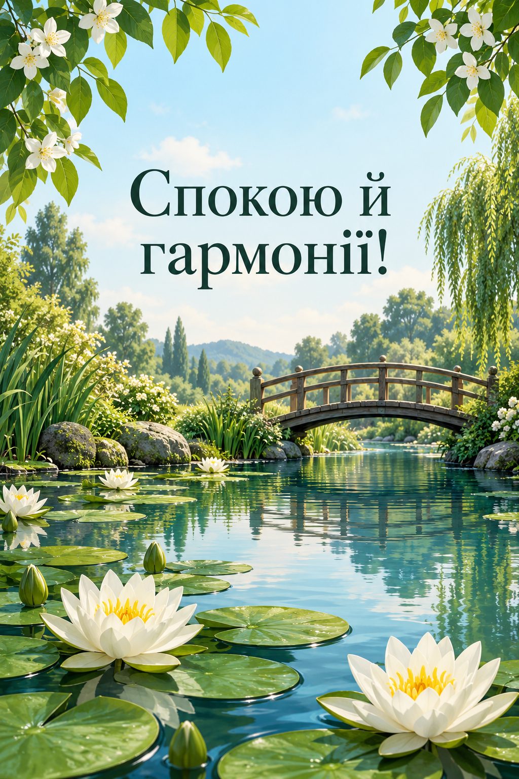 Листівка з днем народження з квітами: білі водяні лілії на тихому ставку, напис «Спокою й гармонії!»