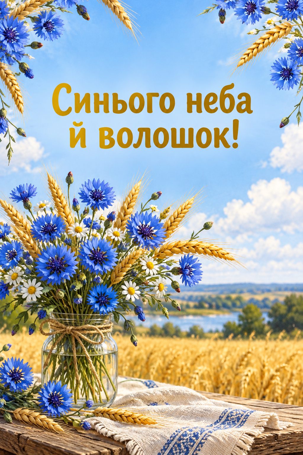 Листівка з днем народження з квітами: волошки й колоски у скляній банці, напис «Синього неба й волошок!»