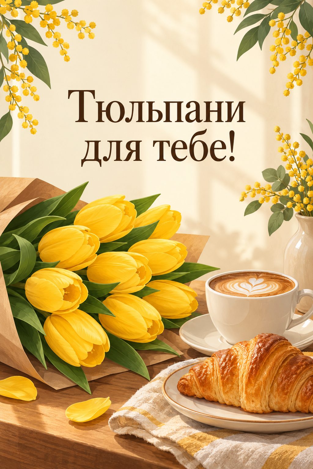 Листівка з днем народження з квітами: жовті тюльпани, чашка кави й круасан, напис «Тюльпани для тебе!»