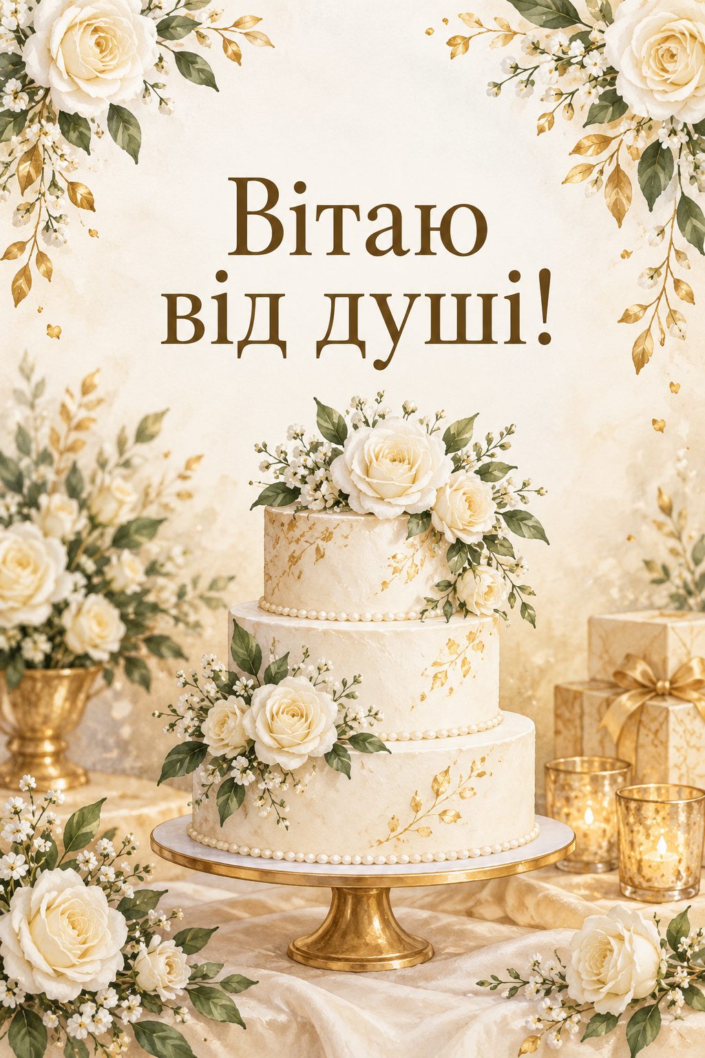 Листівка з днем народження з тортом: триярусний білий торт із білими трояндами, напис «Вітаю від душі!»