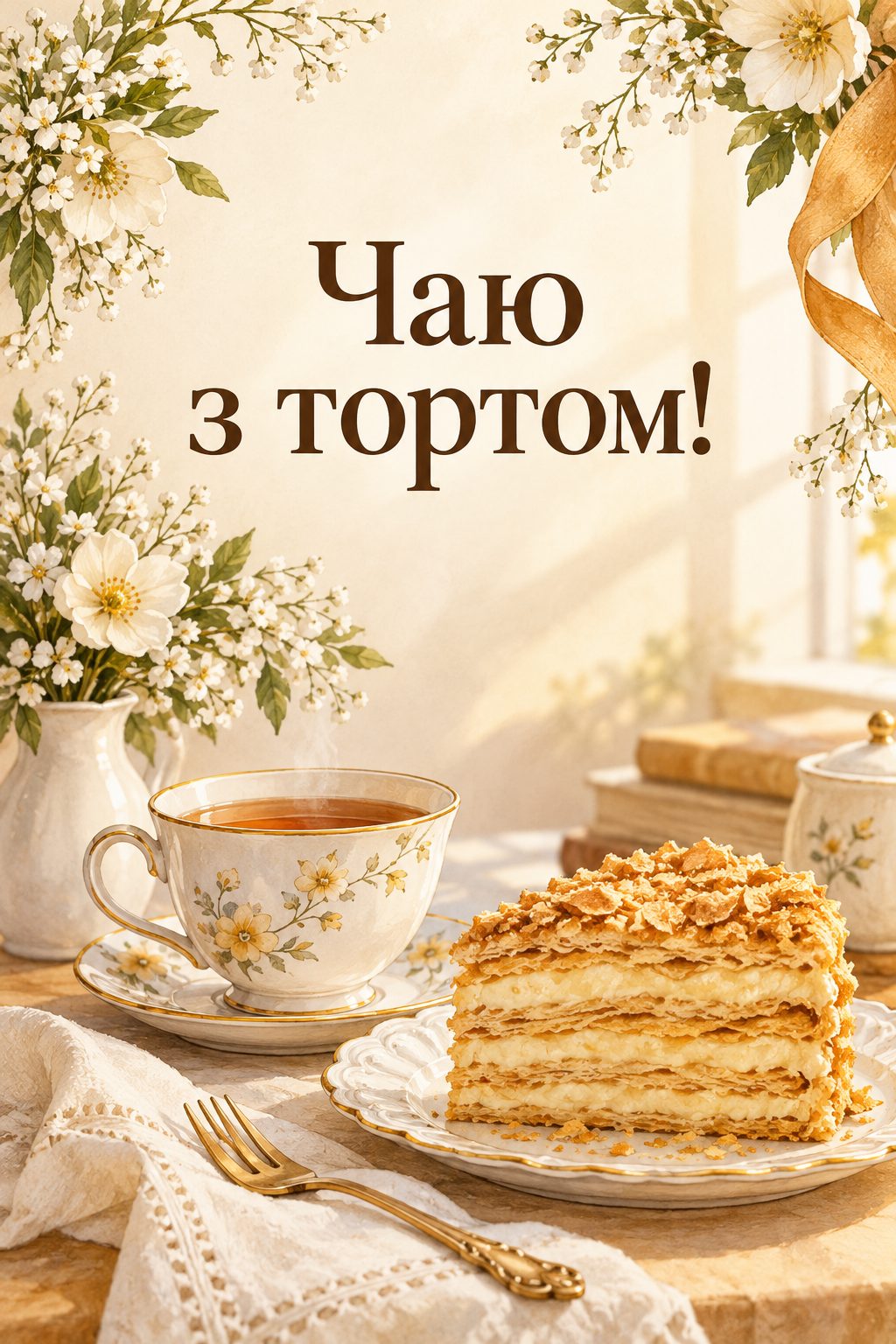 Листівка з днем народження з тортом: чашка чаю й шматок листкового торта, напис «Чаю з тортом!»