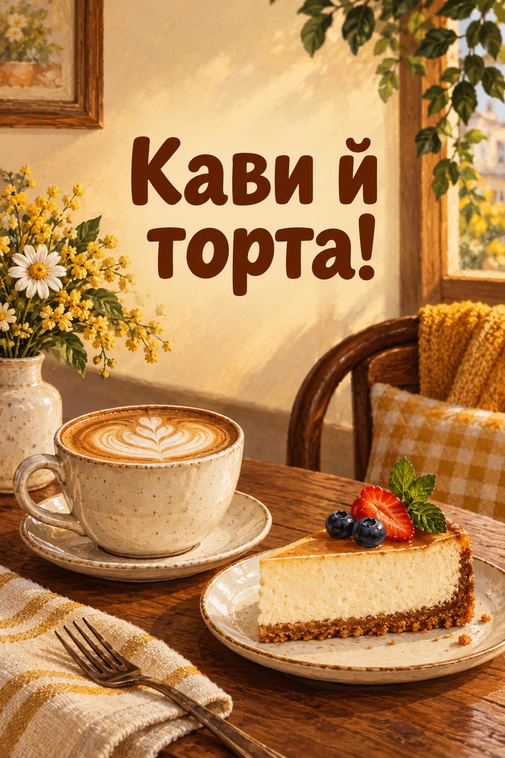 Листівка з днем народження з тортом: капучино й шматок чизкейка, напис «Кави й торта!»
