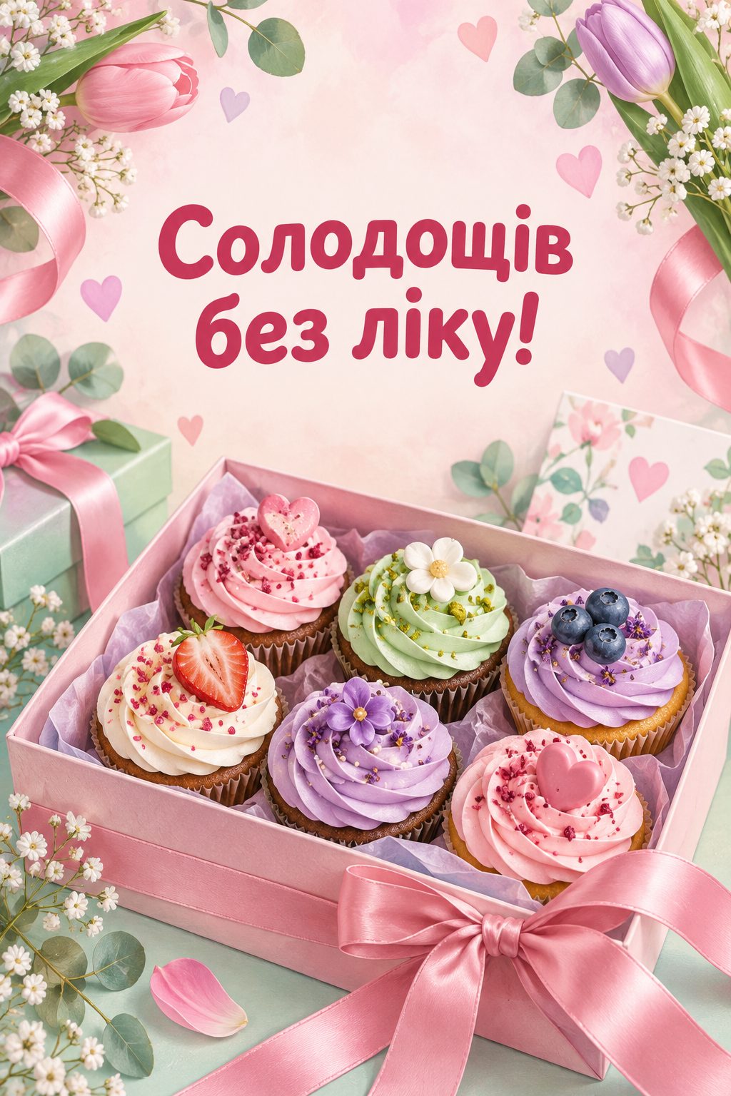 Листівка з днем народження з тортом: коробка капкейків зі стрічкою, напис «Солодощів без ліку!»