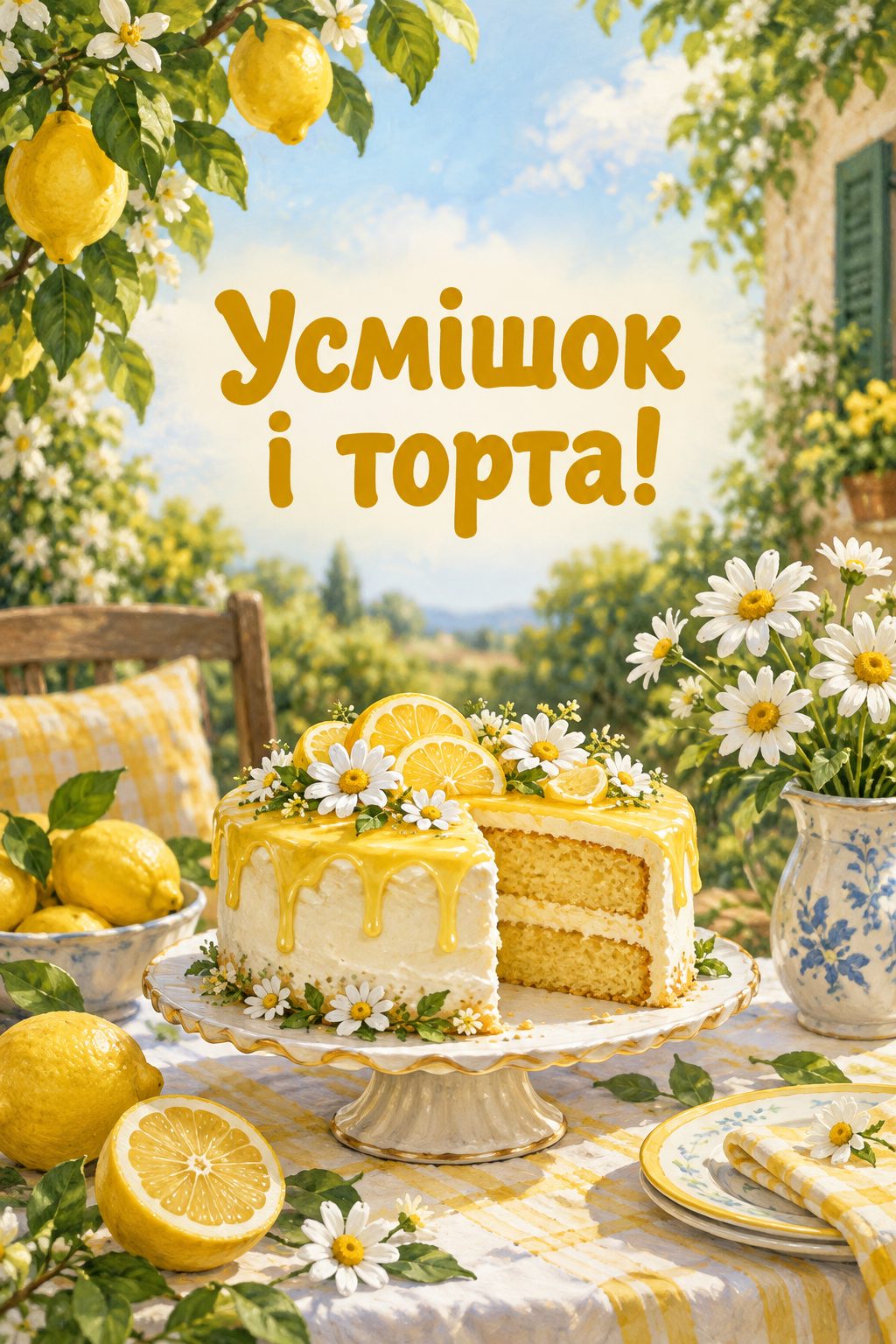 Листівка з днем народження з тортом: лимонний торт і ромашки на садовому столі, напис «Усмішок і торта!»