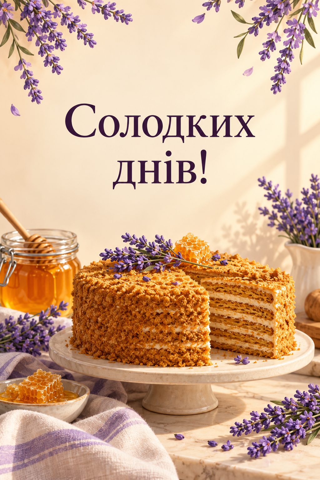 Листівка з днем народження з тортом: медовик із гілочками лаванди, напис «Солодких днів!»