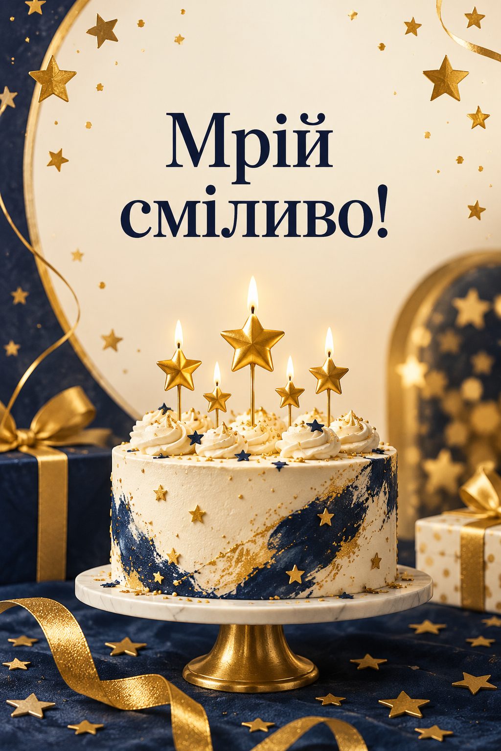 Листівка з днем народження з тортом: торт зі свічками-зірками, напис «Мрій сміливо!»