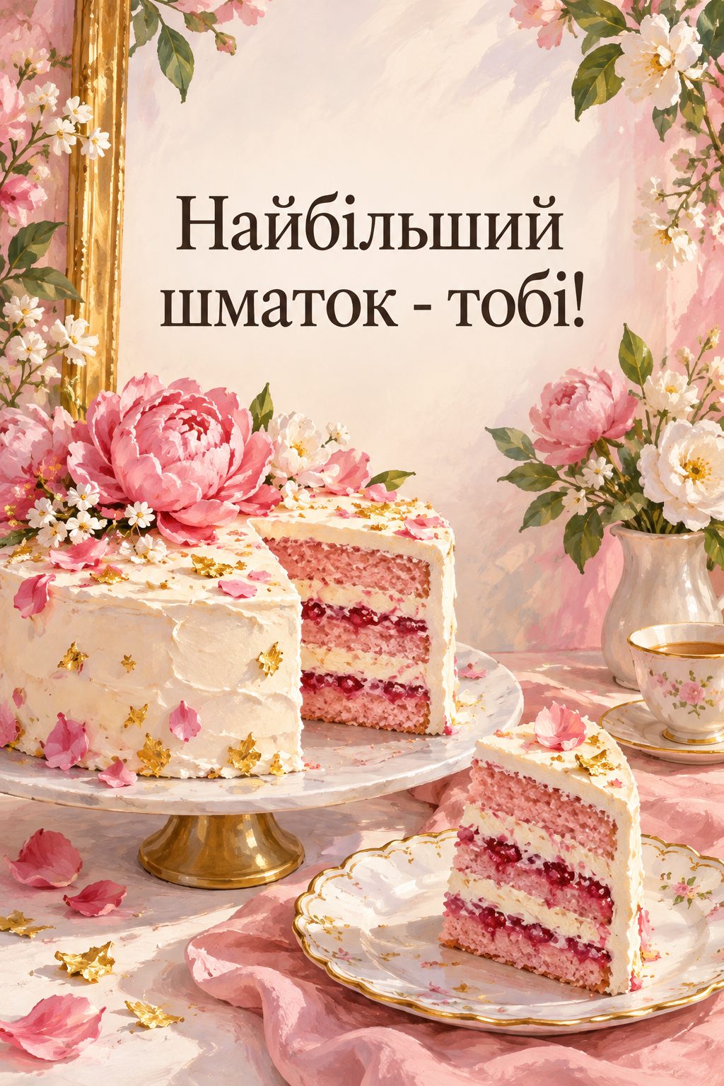 Листівка з днем народження з тортом: торт і величезний шматок на тарілці, напис «Найбільший шматок - тобі!»