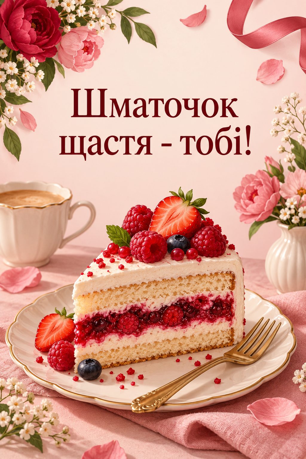 Листівка з днем народження з тортом: шматок ягідного торта на тарілці, напис «Шматочок щастя - тобі!»