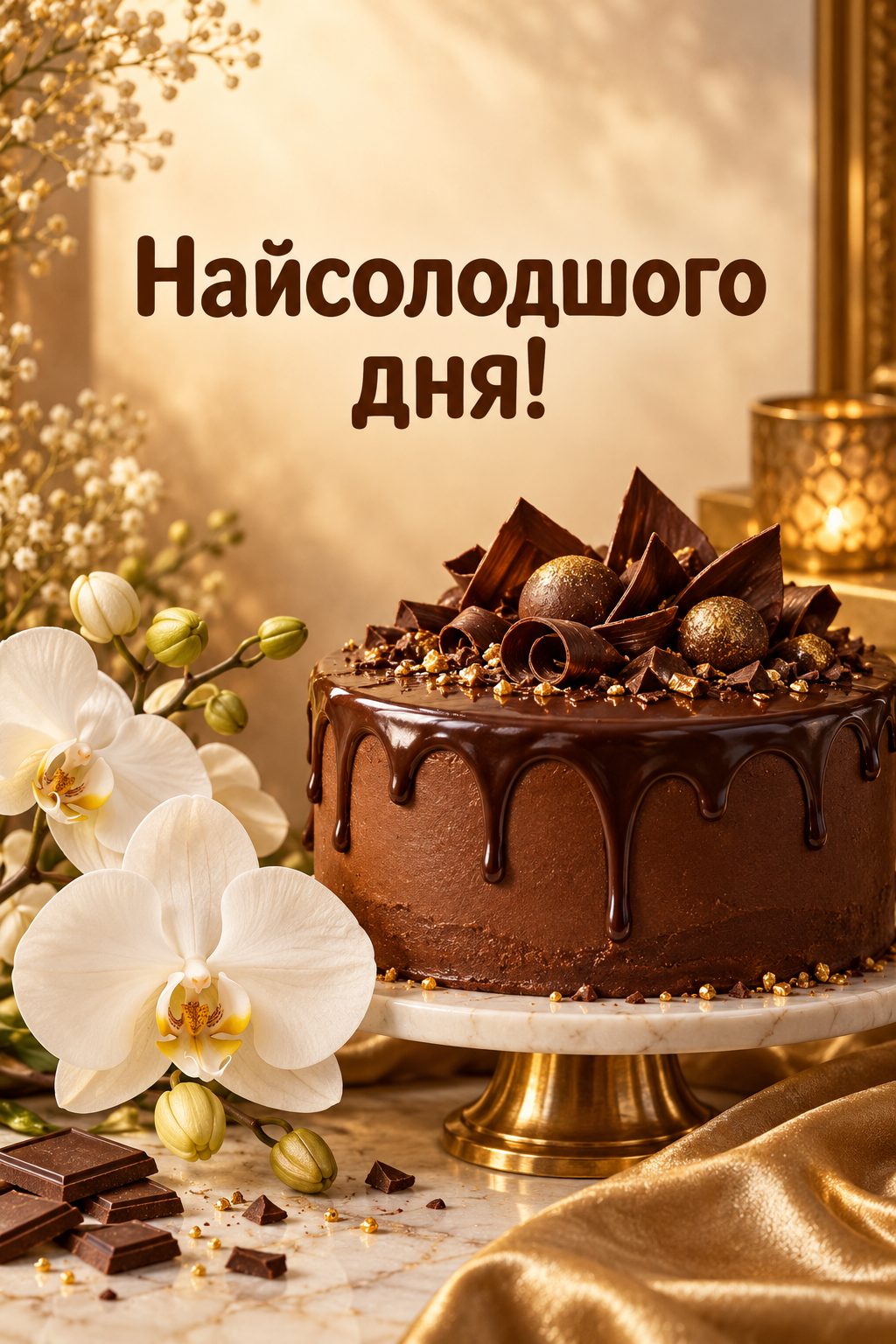 Листівка з днем народження з тортом: шоколадний торт і біла орхідея, напис «Найсолодшого дня!»