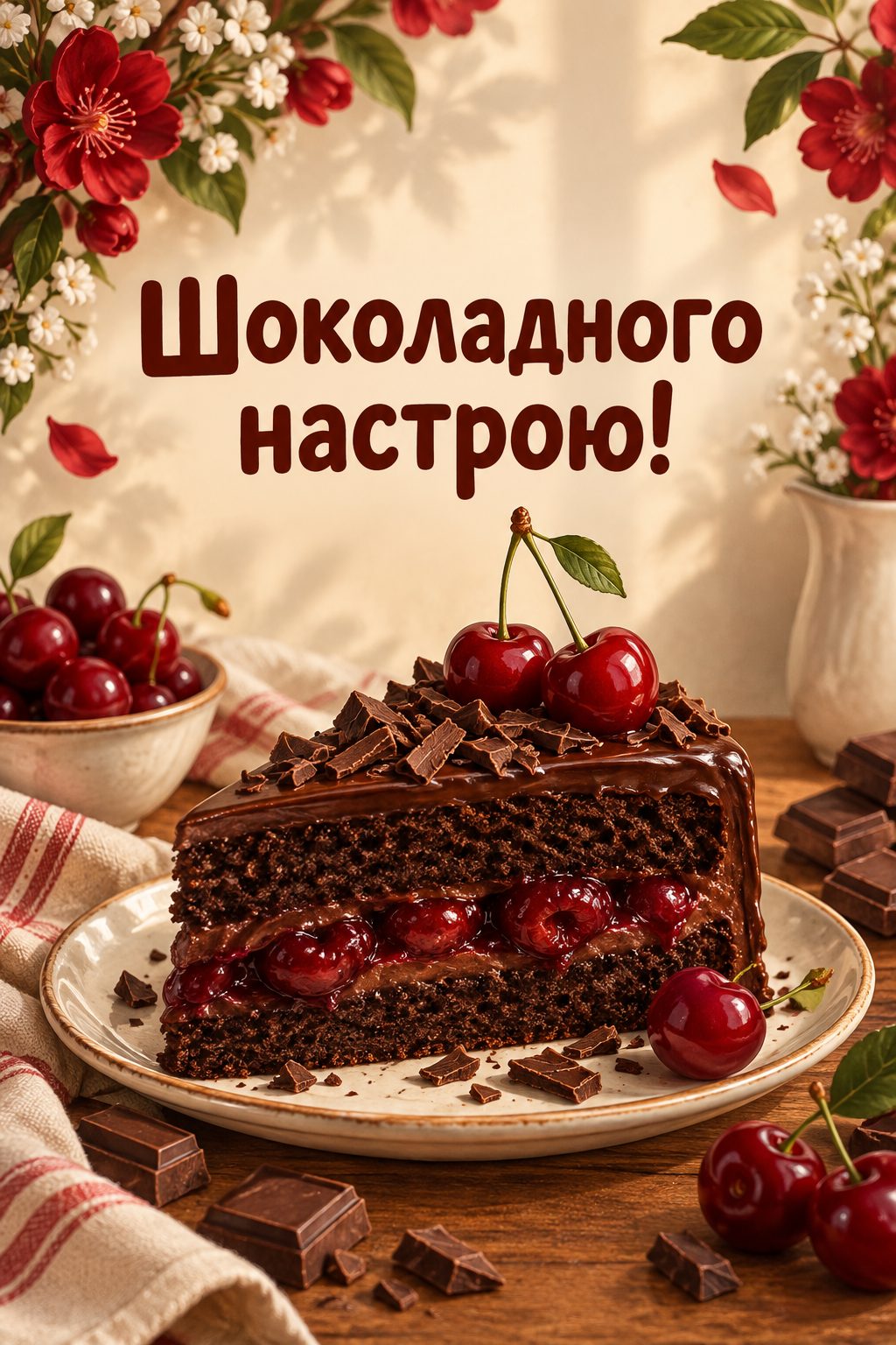 Листівка з днем народження з тортом: шматок шоколадного торта з вишнями, напис «Шоколадного настрою!»