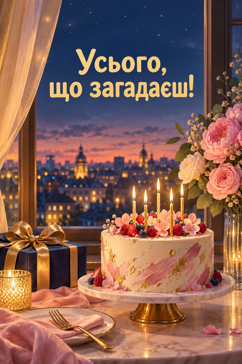 Листівка з днем народження з тортом: торт зі свічками біля вечірнього вікна, напис «Усього, що загадаєш!»