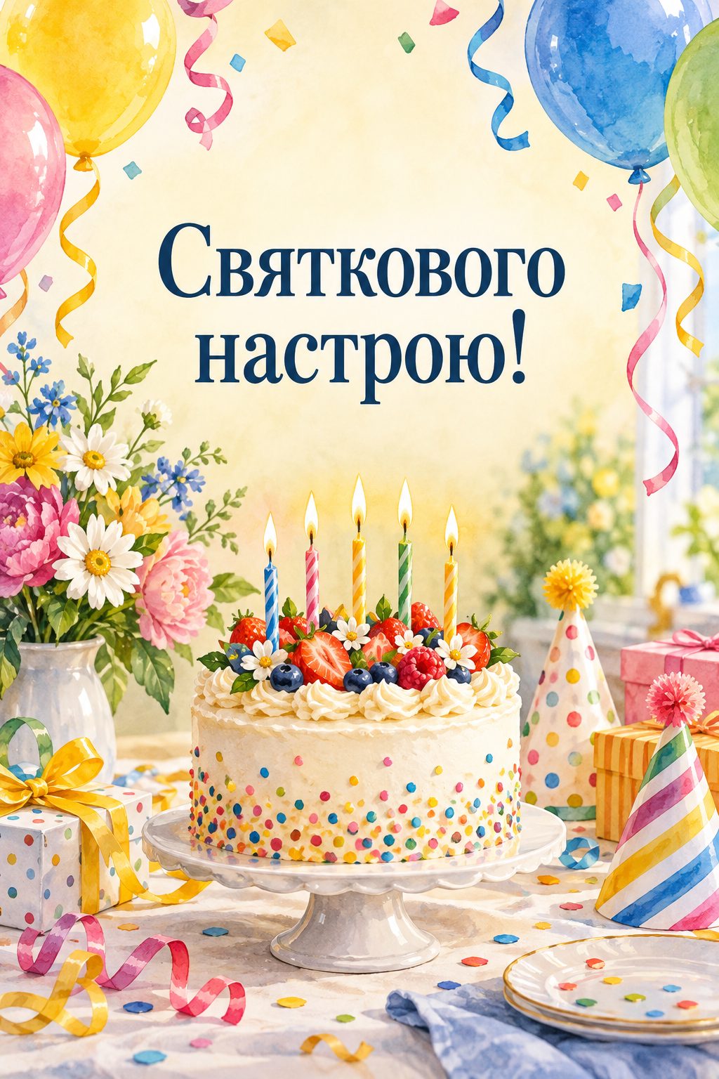Листівка з днем народження з тортом: торт зі свічками, ковпачки й серпантин, напис «Святкового настрою!»