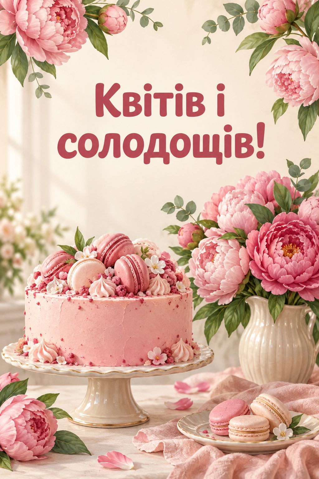 Листівка з днем народження з тортом: рожевий торт із макарунами й півонії, напис «Квітів і солодощів!»