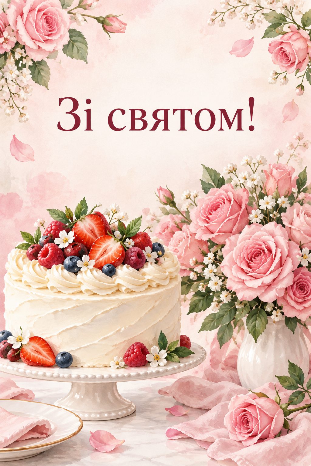 Листівка з днем народження з тортом: кремовий торт із ягодами й букет рожевих троянд, напис «Зі святом!»