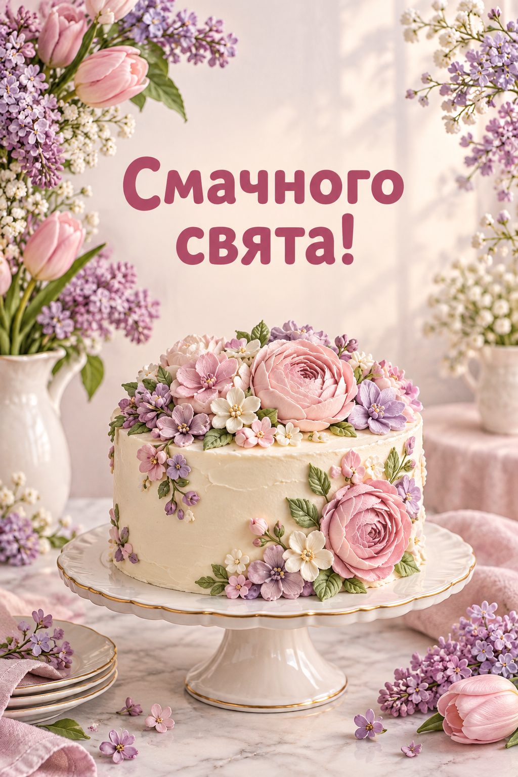 Листівка з днем народження з тортом: торт із кремовими квітами, напис «Смачного свята!»