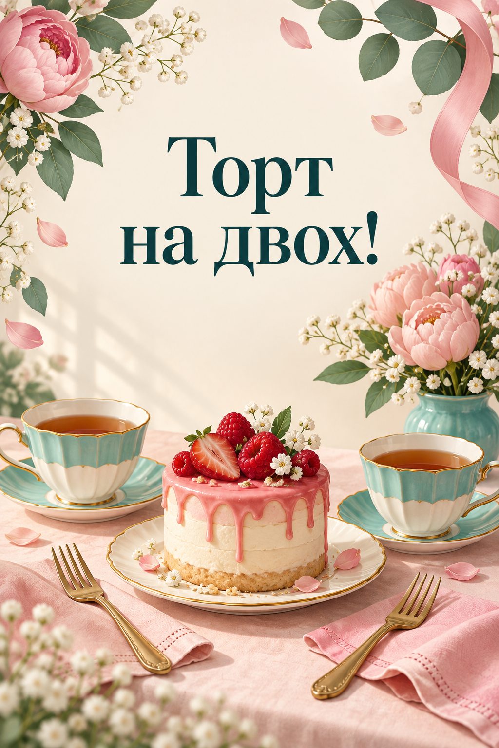 Листівка з днем народження з тортом: маленький торт, дві виделки й дві чашки чаю, напис «Торт на двох!»