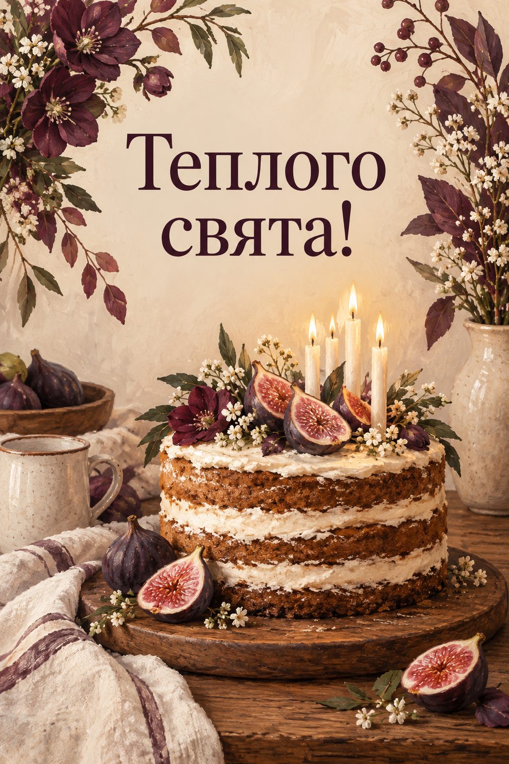 Листівка з днем народження з тортом: торт зі свічками й інжиром на дерев'яній дошці, напис «Теплого свята!»