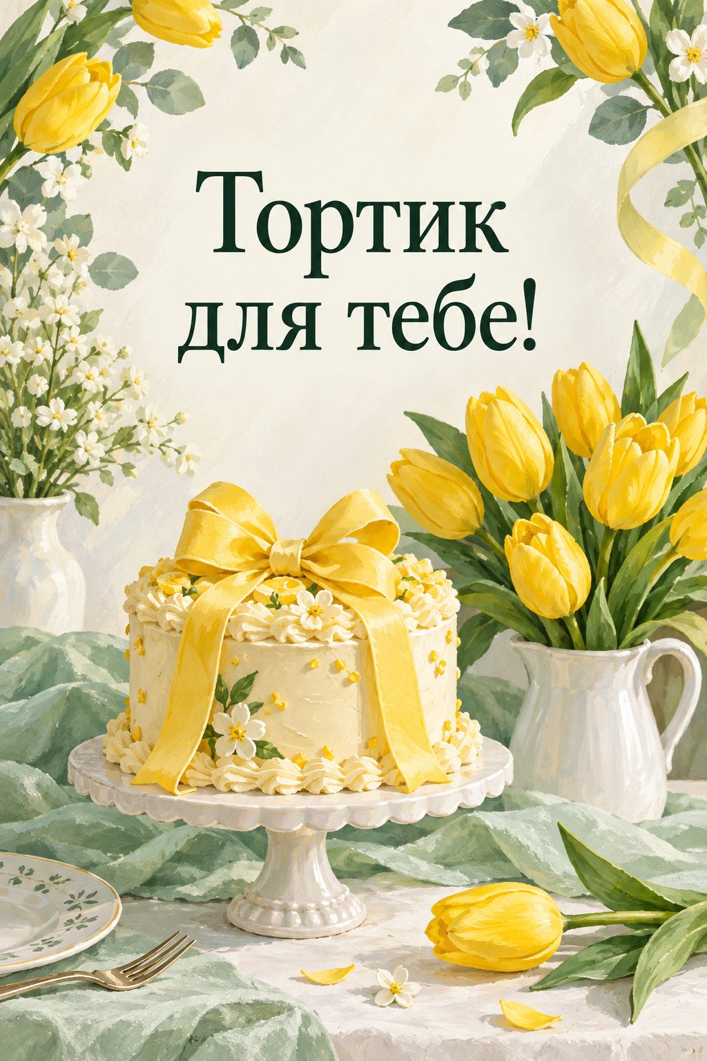Листівка з днем народження з тортом: тортик і жовті тюльпани, напис «Тортик для тебе!»