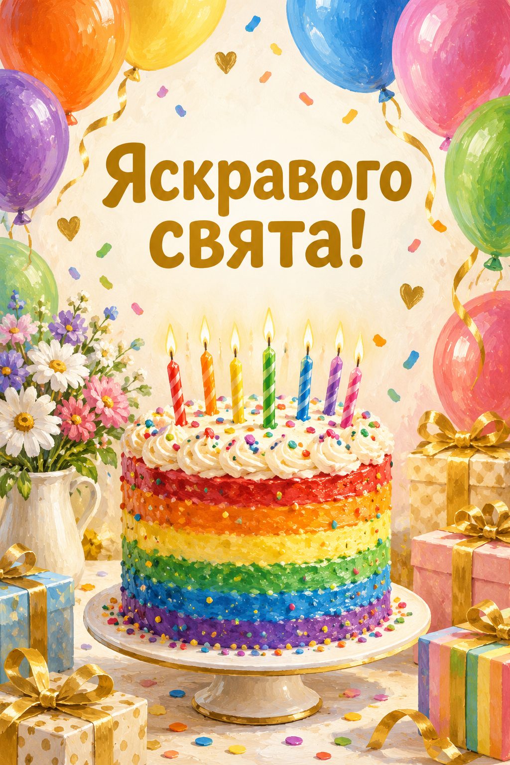 Листівка з днем народження з тортом: веселковий торт із різнокольоровими свічками, напис «Яскравого свята!»