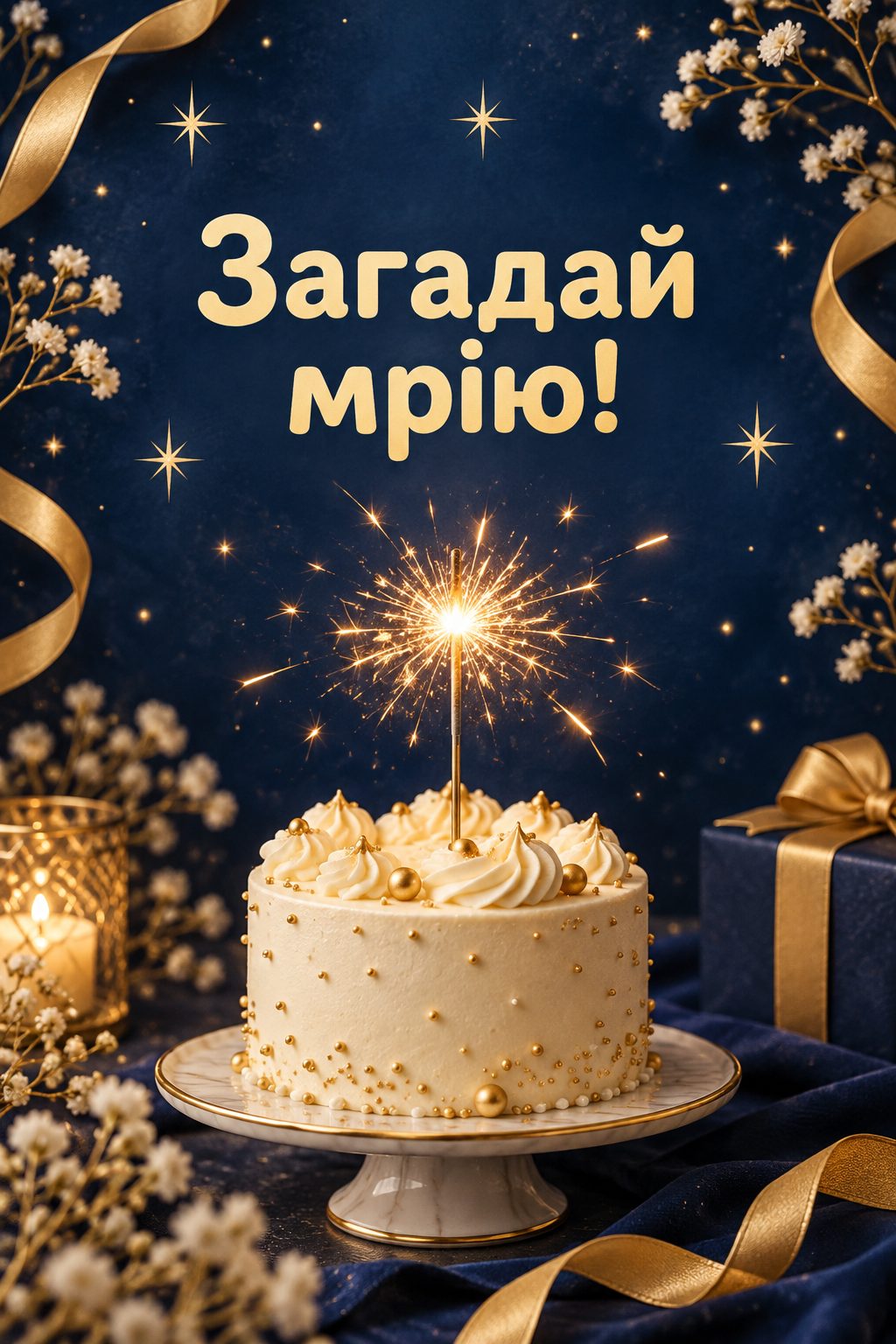Листівка з днем народження з тортом: бенгальський вогник на маленькому торті, напис «Загадай мрію!»