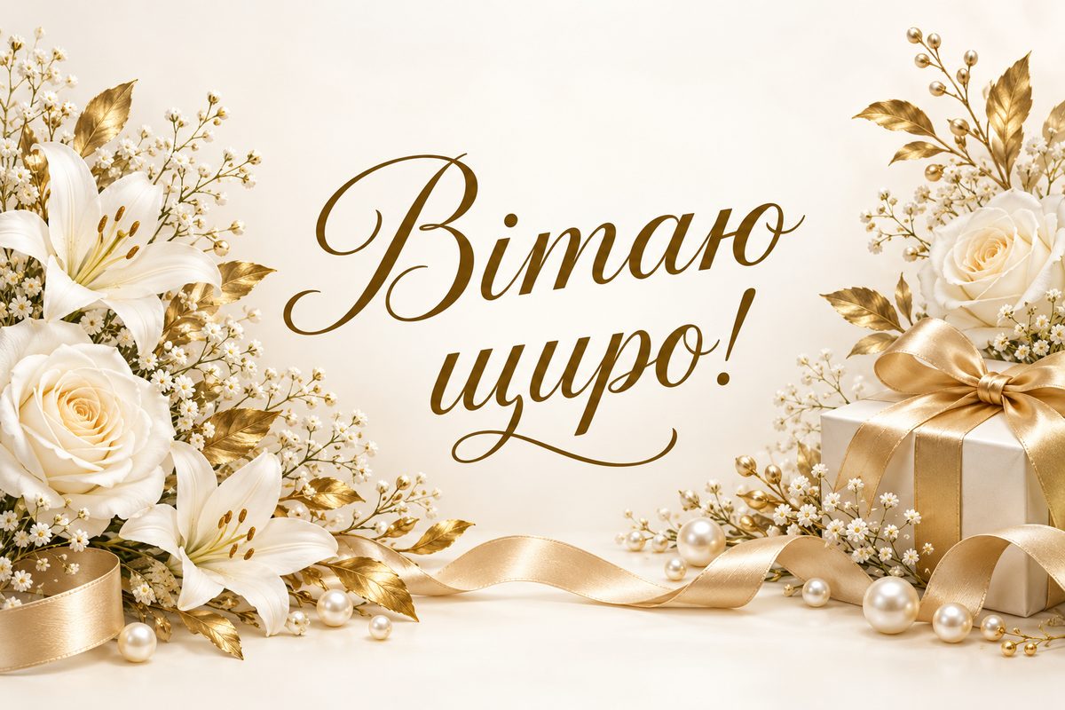 Листівка з днем народження жінці: біло-золотий букет із перлами, напис «Вітаю щиро!»