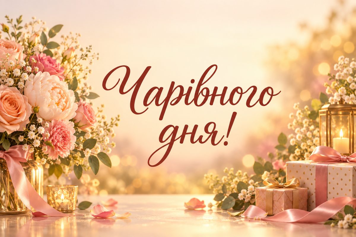 Листівка з днем народження жінці: букет у світлі золотої години, напис «Чарівного дня!»