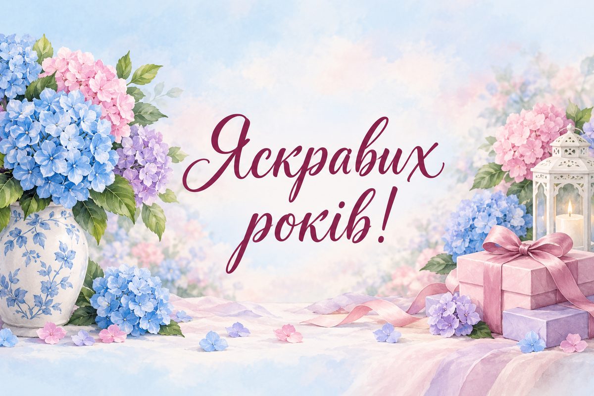 Листівка з днем народження жінці: блакитні й рожеві гортензії, напис «Яскравих років!»