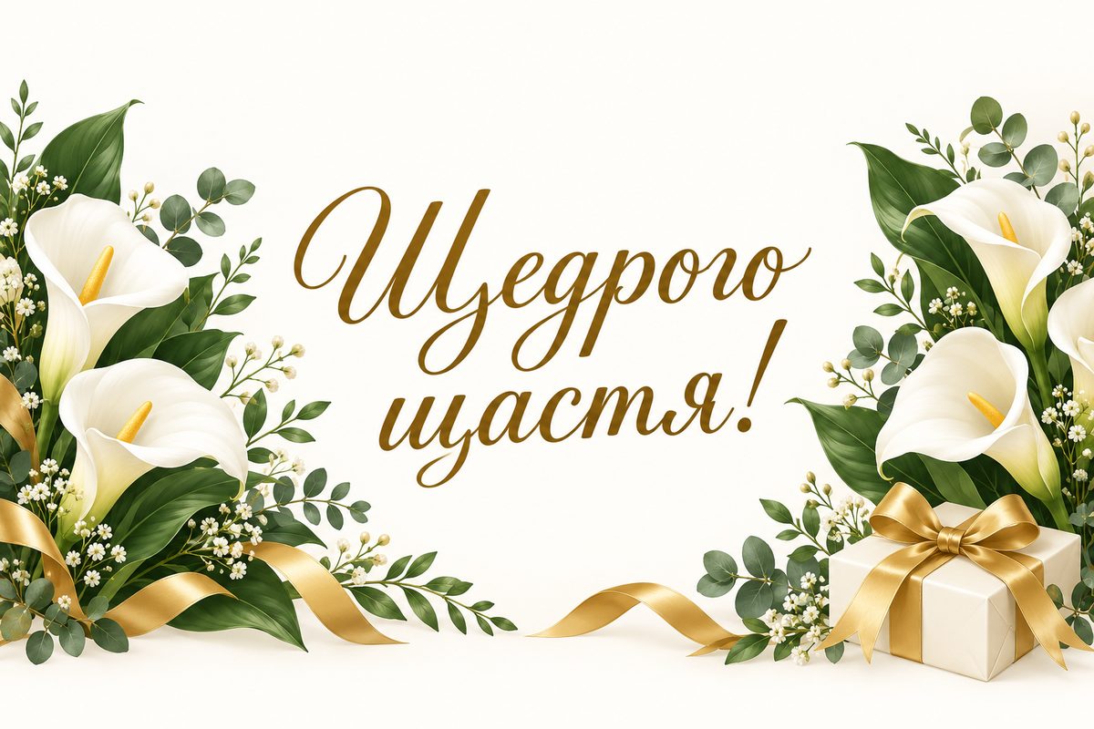Листівка з днем народження жінці: білі кали, напис «Щедрого щастя!»