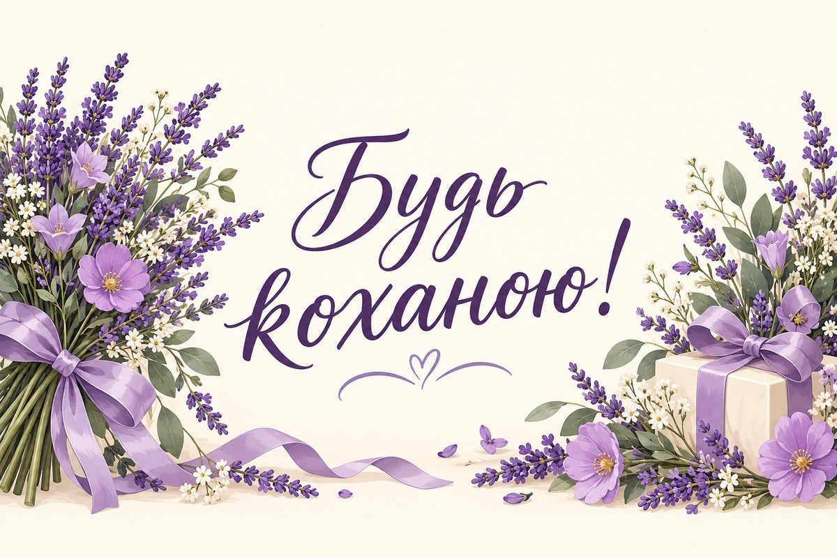 Листівка з днем народження жінці: лаванда й польові квіти, напис «Будь коханою!»