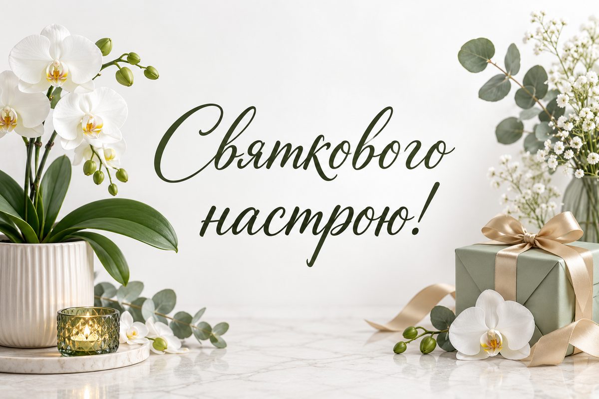 Листівка з днем народження жінці: білі орхідеї, напис «Святкового настрою!»