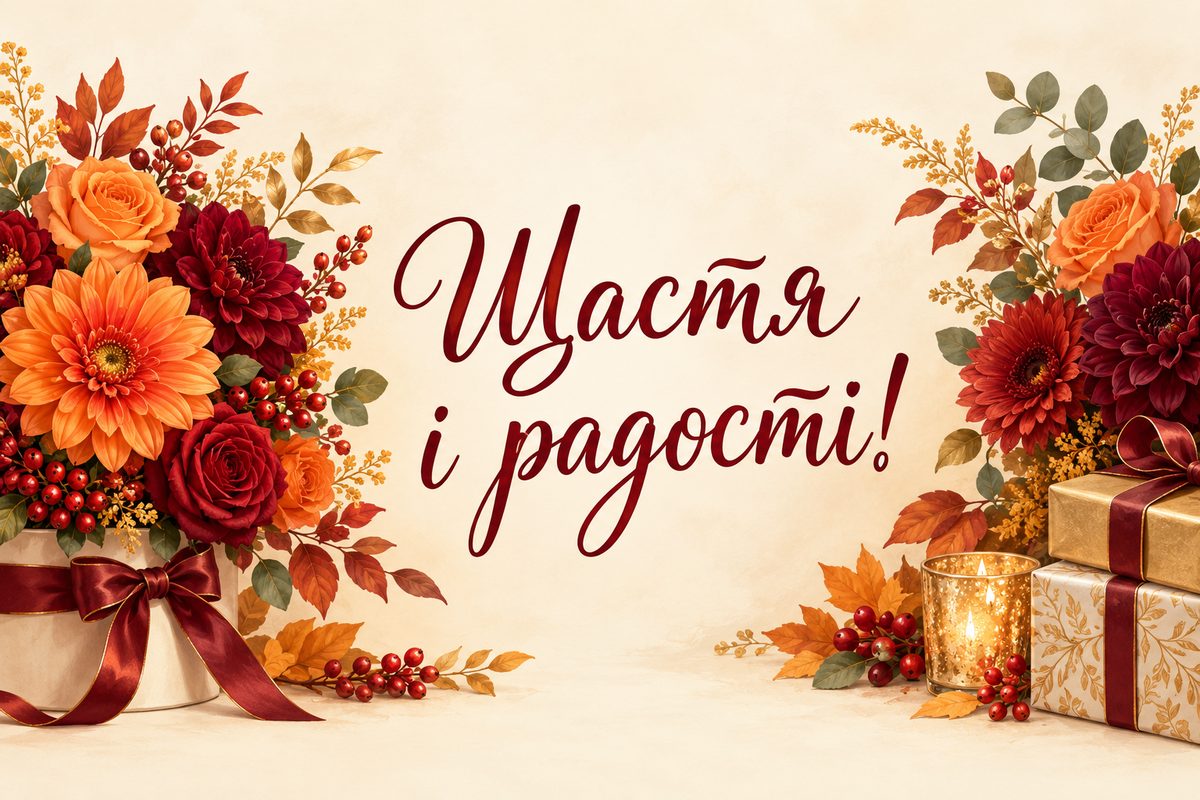 Листівка з днем народження жінці: осінній букет, напис «Щастя і радості!»