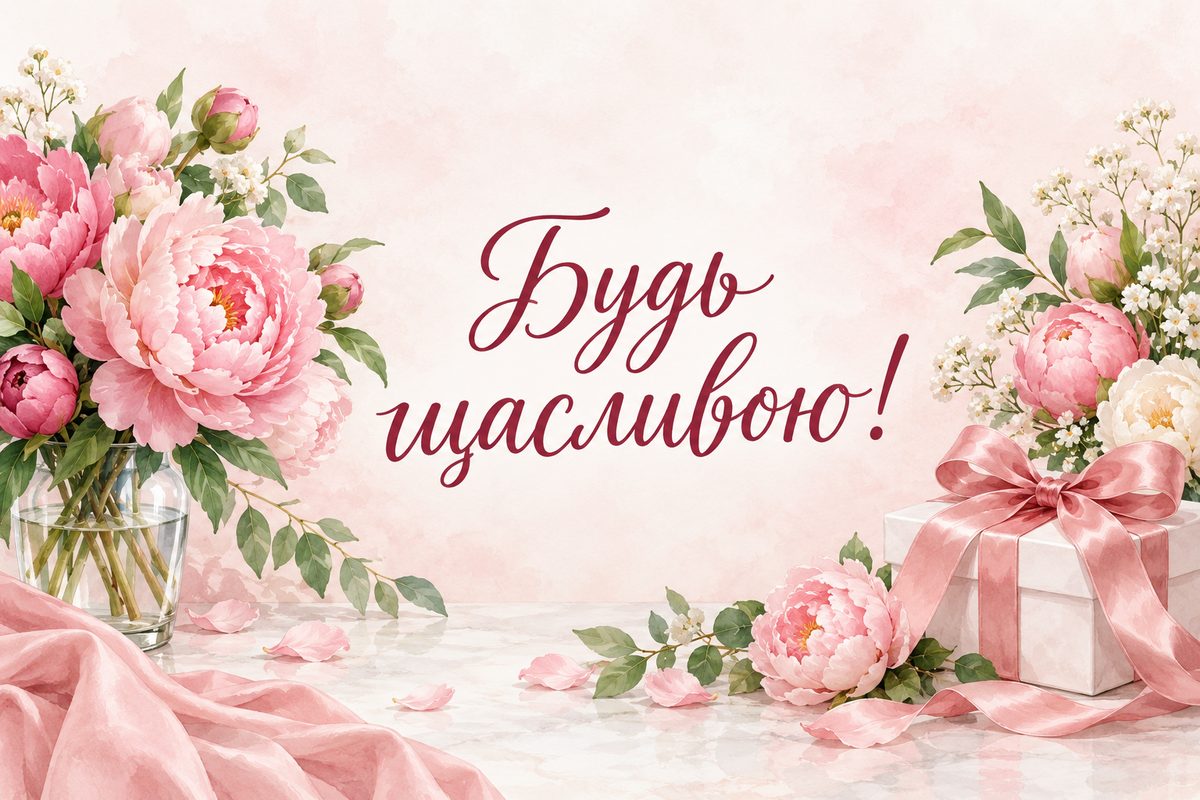 Листівка з днем народження жінці: півонії та подарунок, напис «Будь щасливою!»