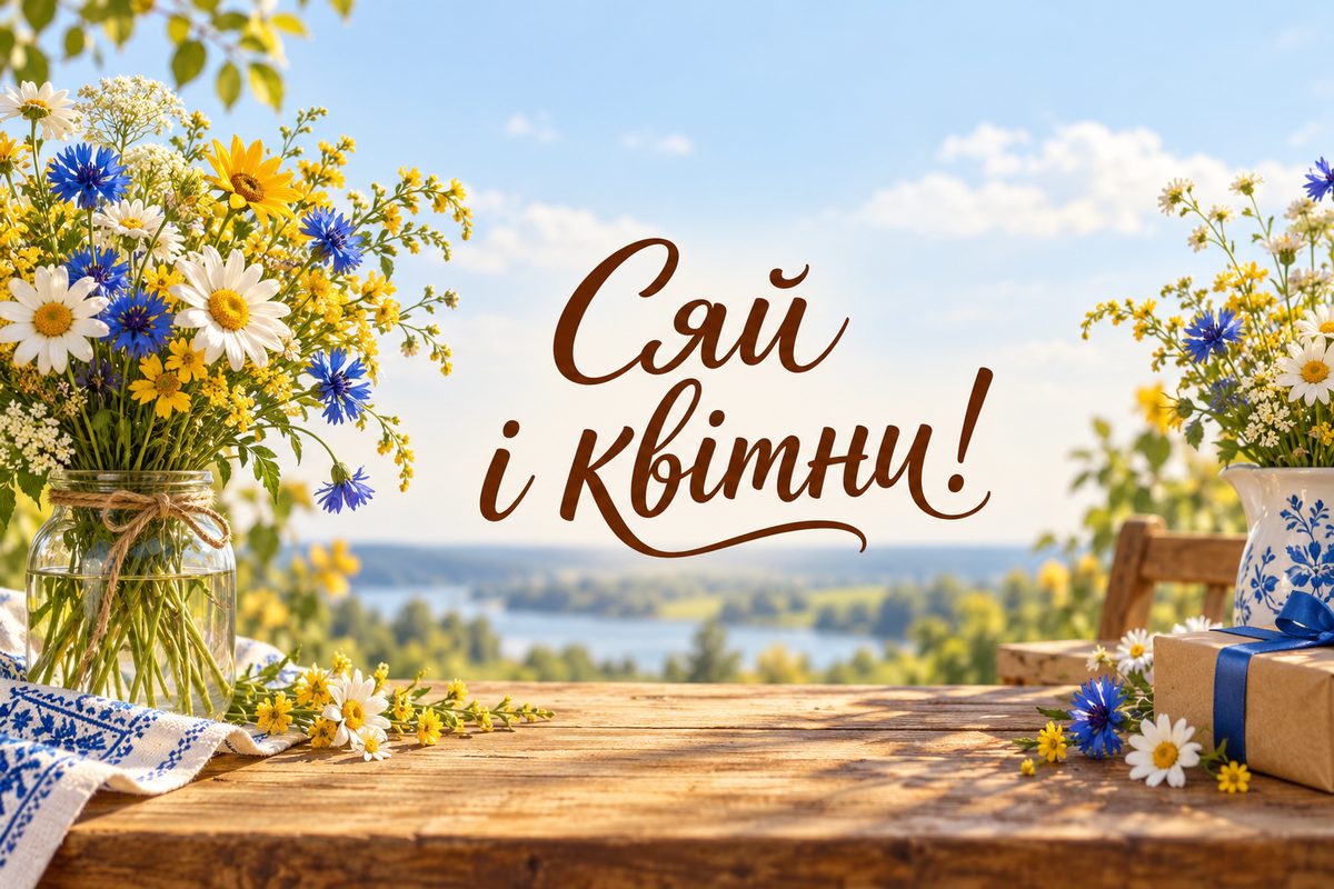 Листівка з днем народження жінці: польові квіти в банці, напис «Сяй і квітни!»