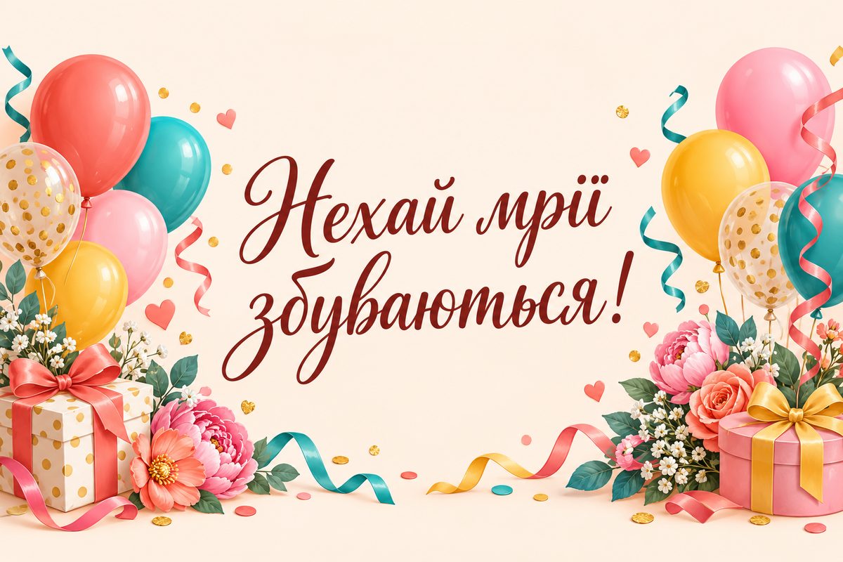 Листівка з днем народження жінці: повітряні кульки, напис «Нехай мрії збуваються!»