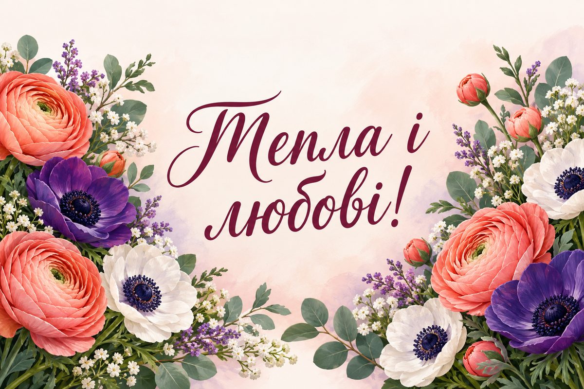 Листівка з днем народження жінці: ранункулюси й анемони, напис «Тепла і любові!»