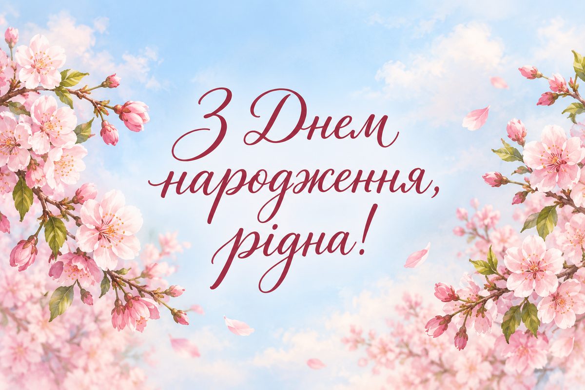 Листівка з днем народження жінці: квітуча сакура, напис «З Днем народження, рідна!»