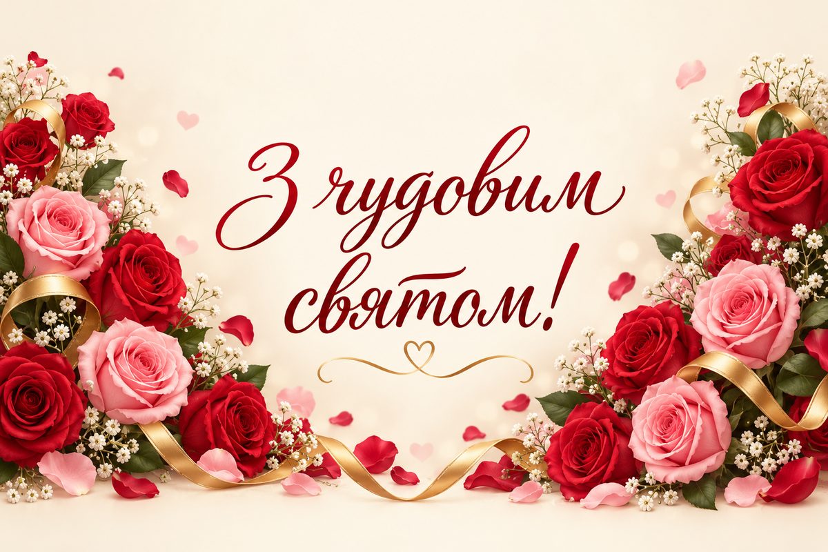Листівка з днем народження жінці: серце з троянд, напис «З чудовим святом!»