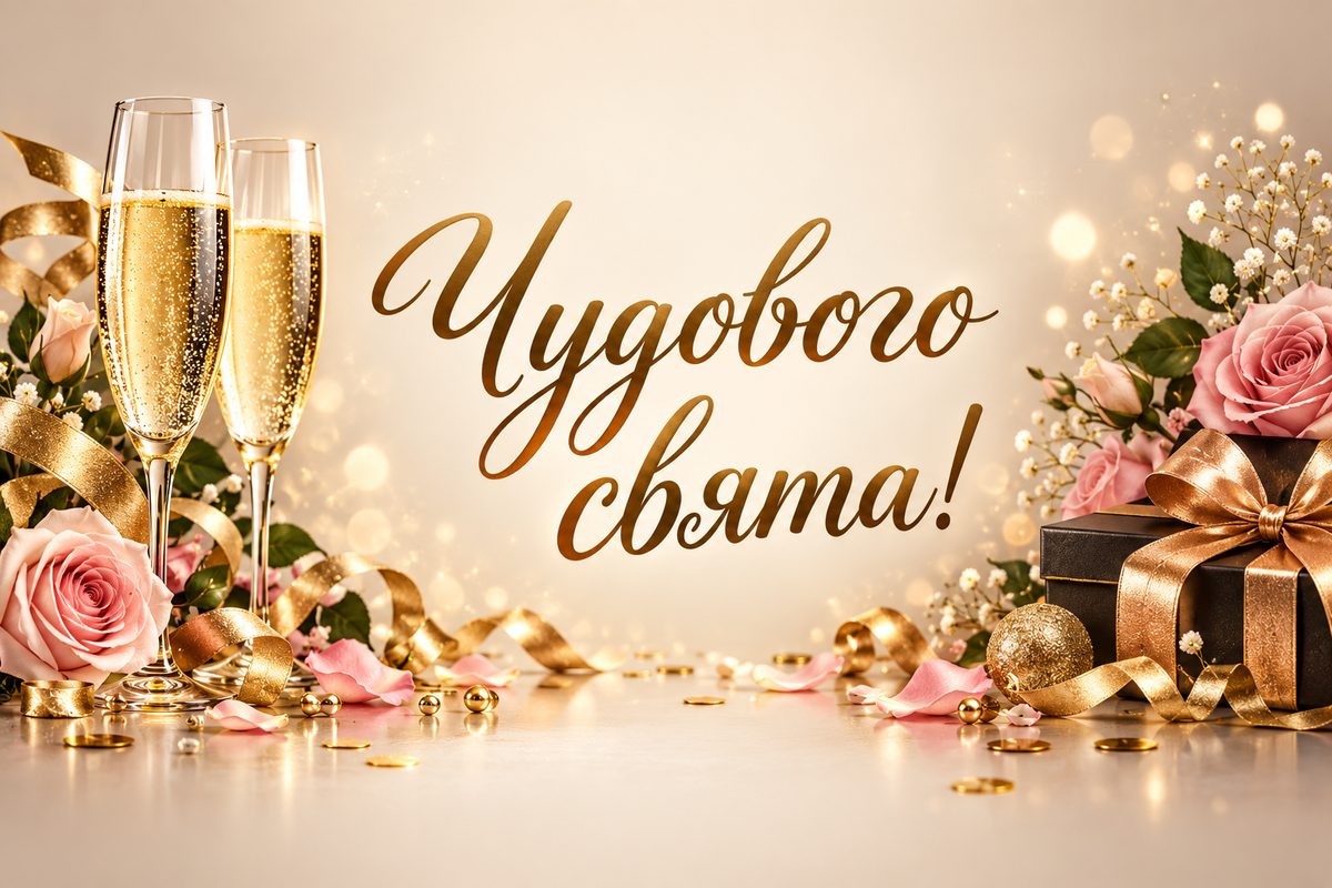 Листівка з днем народження жінці: келихи шампанського й конфеті, напис «Чудового свята!»