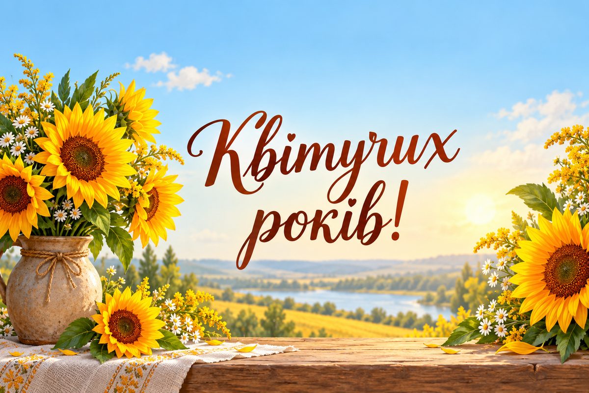 Листівка з днем народження жінці: соняшники, напис «Квітучих років!»