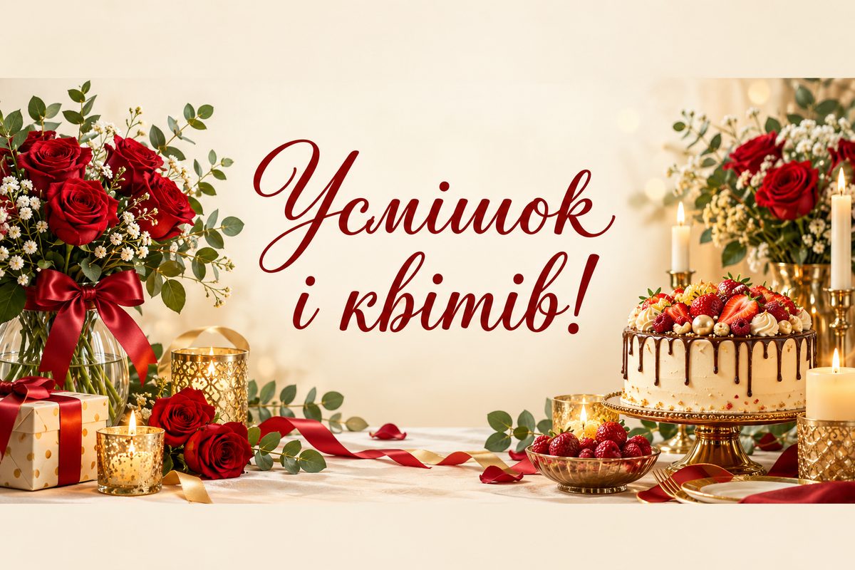 Листівка з днем народження жінці: святковий стіл із тортом, напис «Усмішок і квітів!»