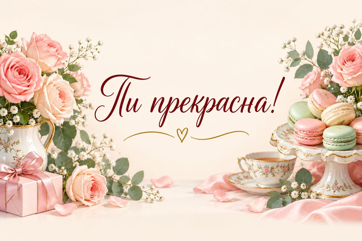 Листівка з днем народження жінці: чайні троянди й макаруни, напис «Ти прекрасна!»