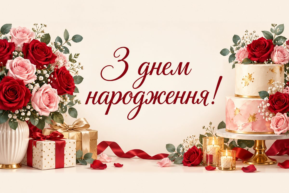Листівка з днем народження жінці: троянди й святковий торт, напис «З днем народження!»