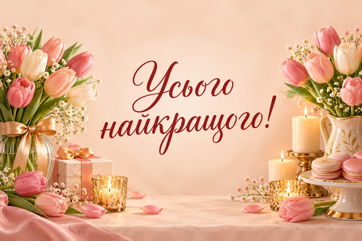 Листівка з днем народження жінці: тюльпани й свічки, напис «Усього найкращого!»