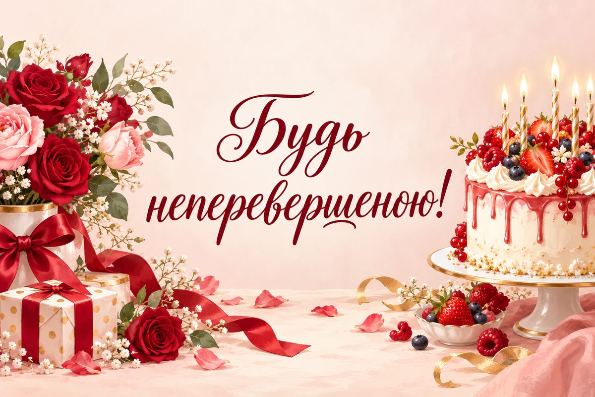Листівка з днем народження жінці: ягідний торт зі свічками, напис «Будь неперевершеною!»